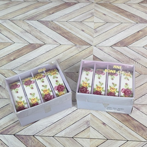 The Unbranded Brand Other - Lot 8 VTG MCM Porcelain Napkin Rings Holders Roses Maroon Yellow Fine Bone China